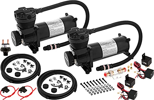 Vixen Air 200 PSI Heavy Duty Suspension/Air Ride/Bag/Train Horn Air Compressor/Pump with 3/8" Braided Hose, 3/8" NPT Check Valve and Remote Mount Air Filter Kit 12V Chrome (Dual Pack) VXC480CDP