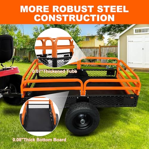 Heavy Duty Steel Dump Cart & Utility Trailer 1600LB Capacity ATV/Lawn Tractor Hauler with Dual Dumping Modes (Manual/Foot Pedal), All-Terrain Tires & Dual Bearings for Garden, Farm, Firewood