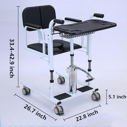 Hydraulic Patient Lift Transfer Chair for Home, Portable Transfer Nursing Chair Lifter W/ 180° Split Seat, with Toilet and Tray Table, for Nursing Elderly, Load 440Lbs Transfer Wheelchair.