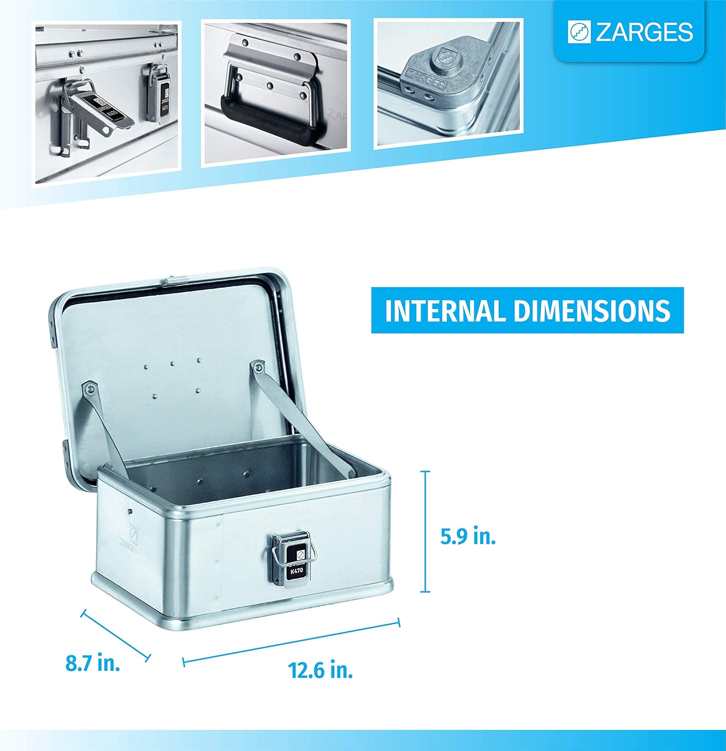 Zarges?K470 Aluminum Hard Protective Carrying Case, Portable Stackable Storage, Customizable Safe Lock Box, Dust and Water Resistant (44.1 x 28.3 x 18.9 Inches)