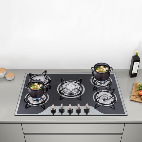 30" Gas Cooktop LPG/NG, 5 Burners Gas Stove Gas Hob Stovetop, Built-in Gas Stove Top, Thermocouple Protection, Stainless Steel Gas Hob with Power Boil, Simmer, Continuous Grates