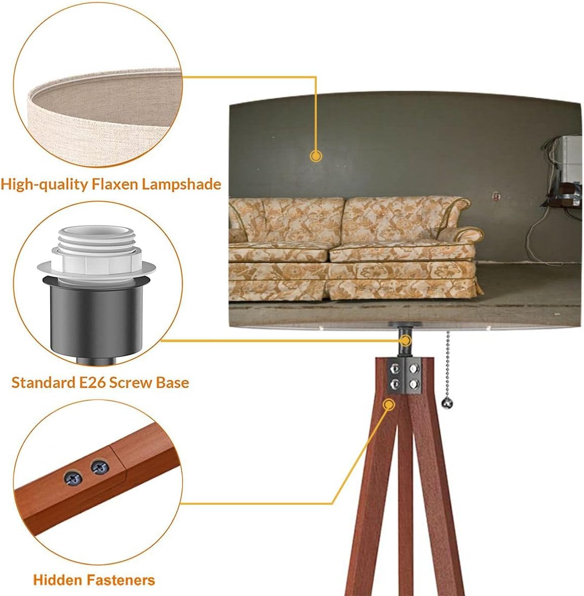 Wood Tripod Floor Lamp derelict couch Modern Standing Lamp Linen Lampshade Dimmable Tall Lamp Mid Century Floor Lamp for Living Room Bedroom