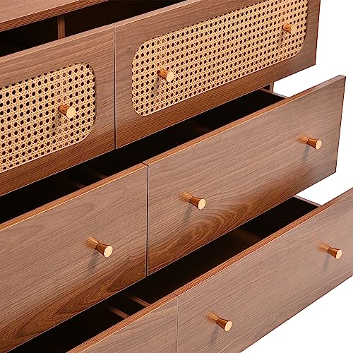 Dresser for Bedroom, Chest of Drawers, 6 Drawer Dresser, Floor Storage Drawer Cabinet for Home Office, Drawer Chest of Drawers Rattan Chest of Drawers Highboard with 6 Drawers (Natural Cherry)