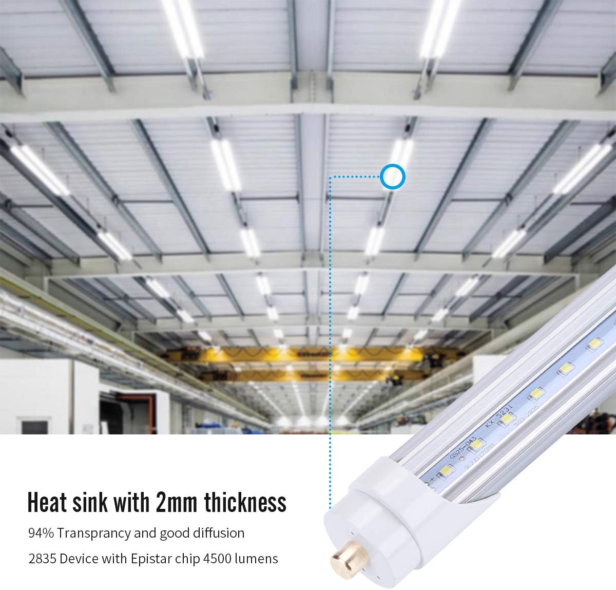 T8 8FT LED Light Tube 45W (Ballast removal) Clear Cover, Single Pin FA8 Base, Replace 100W Fluorescent Lamp Shop Lights, Dual-Ended Power, Cold White 6000K,AC 85-277V - 25 Pack