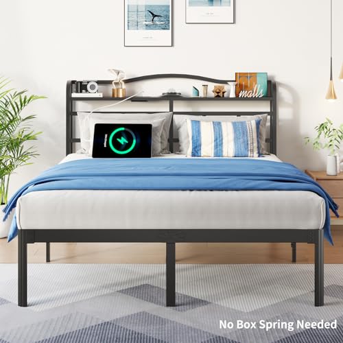 Full Bed Frame,Full Bed Frames with Headboard,Metal Bed Frame Full Size with Charging Station&Aurora Projector,Black Bed Frame No Box Spring Needed ,Extra Storage Space,Squeak Resistant,Easy Assembly