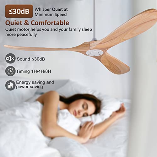 60 inch Ceiling Fans without Light, Solid Wood Ceiling Fan with Remote Control Modern Ceiling Fan no Light, Indoor Outdoor Ceiling Fans for Patios Living Room Bedroom Farmhouse Gazebo