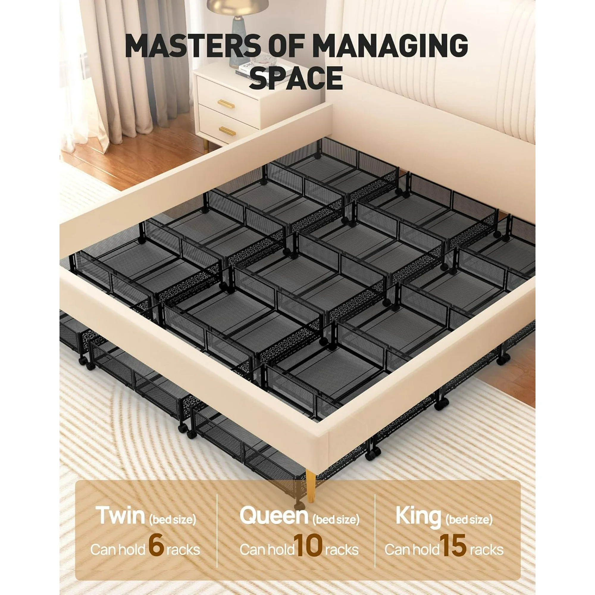 Under Bed Storage with Wheels, 2 Pack Foldable Metal Under Bed Storage Containers, 60L Rolling Underbed Storage, Easy Assembly Under The Bed Storage for Bedroom Clothes Shoes Blankets