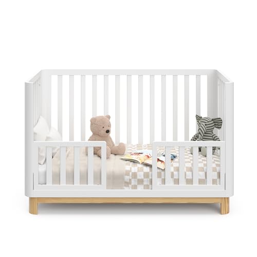 Storkcraft Santos 3-in-1 Convertible Crib (White with Natural) – GREENGUARD Gold Certified, Fits Standard Crib Mattress, Converts to Toddler Bed, Modern Style, Rounded Designer Details