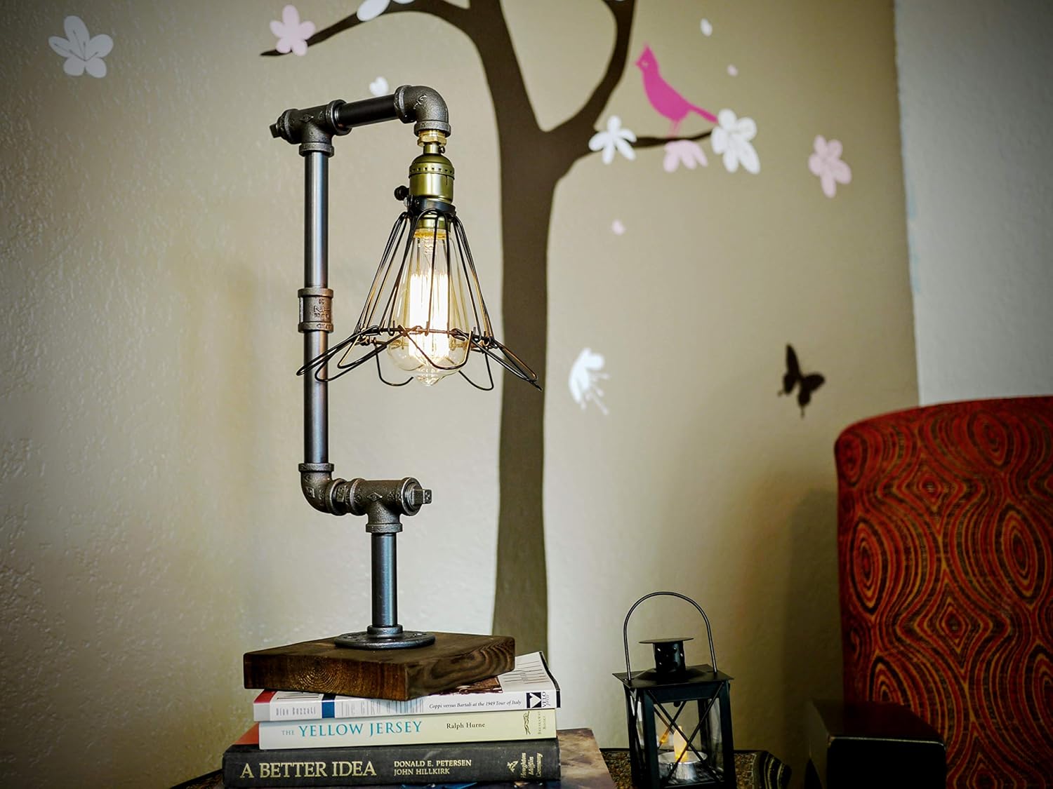 Bird Cage Designer Steampunk Water Piping Desk Top Table Lamp Real Wood Base Rustic Home Deco Steam Punk Industrial Loft Interior Design Bedside Minimalist Victorian Edison Iron Retro Lighting Lamps