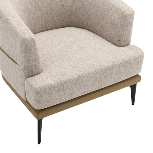 Modern 2 Tone Accent Barrel Chair with Linen and PU, Thick Cushion, Metal Legs, Upholstered Arm Chair for Living Room Reading Room Bedroom (Mustard Green)