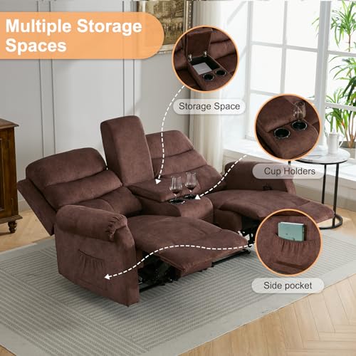 65.7" Manual Loveseat Recliner, Linen Fabric Home Theater Seating Recliner Chair with Storage Console, 2 Seater Reclining RV Sofa Chair for Living Room with Cup Holders (Grey-Linen)