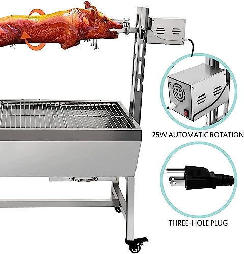stainless steel rotisserie grill, 25w motor small pig lamb rotisserie roaster, 37'' 2 in 1 bbq charcoal rotisserie grill for camping outdoor kitchen (without baffle)