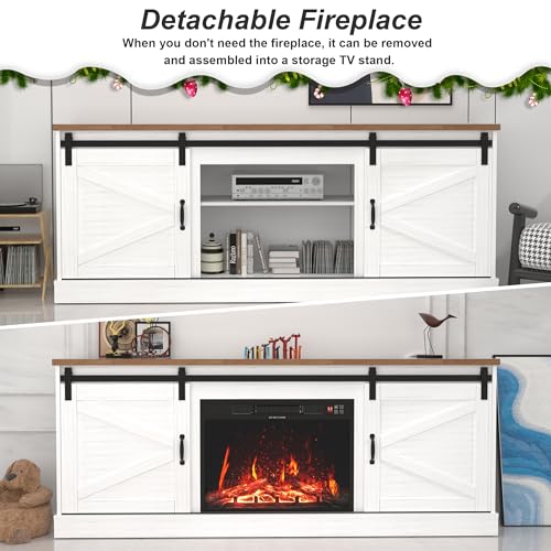 Farmhouse TV Stand with Fireplace for 70" TV, Sliding Barn Door Entertainment Center w/24 Electric Fireplace with Remote Control, TV Cabinet Storage Shelves for Living Room, White