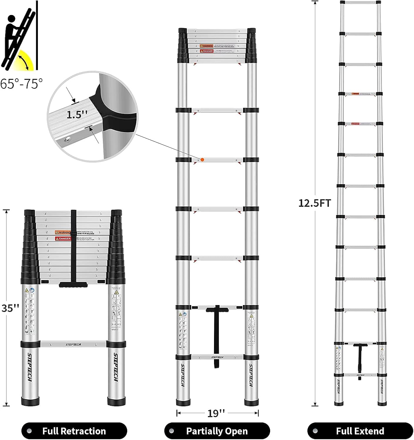 STEPTECH Telescoping Ladder 9.5 ft Aluminum Telescopic Extension Ladder Anti-Pinch Collapsible Ladders for Home Lightweight Compact Portable Ladder for RV Attic 330 lbs Capacity