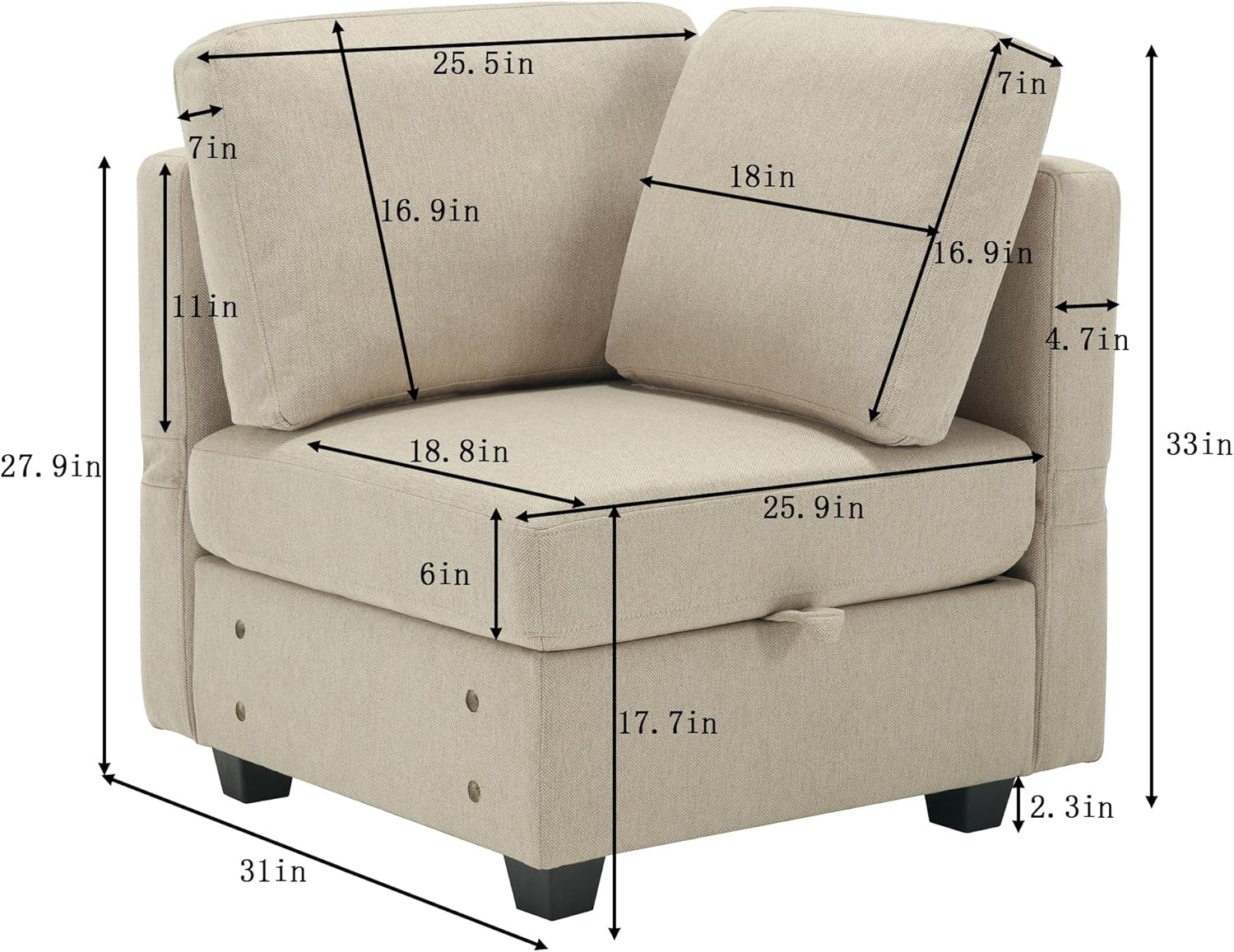 Space Saving Small Sectional Sofa with Ottoman, 2 Seater Sofa with 1 Ottoman, All Seats and Ottomans with Storage Function - Beige
