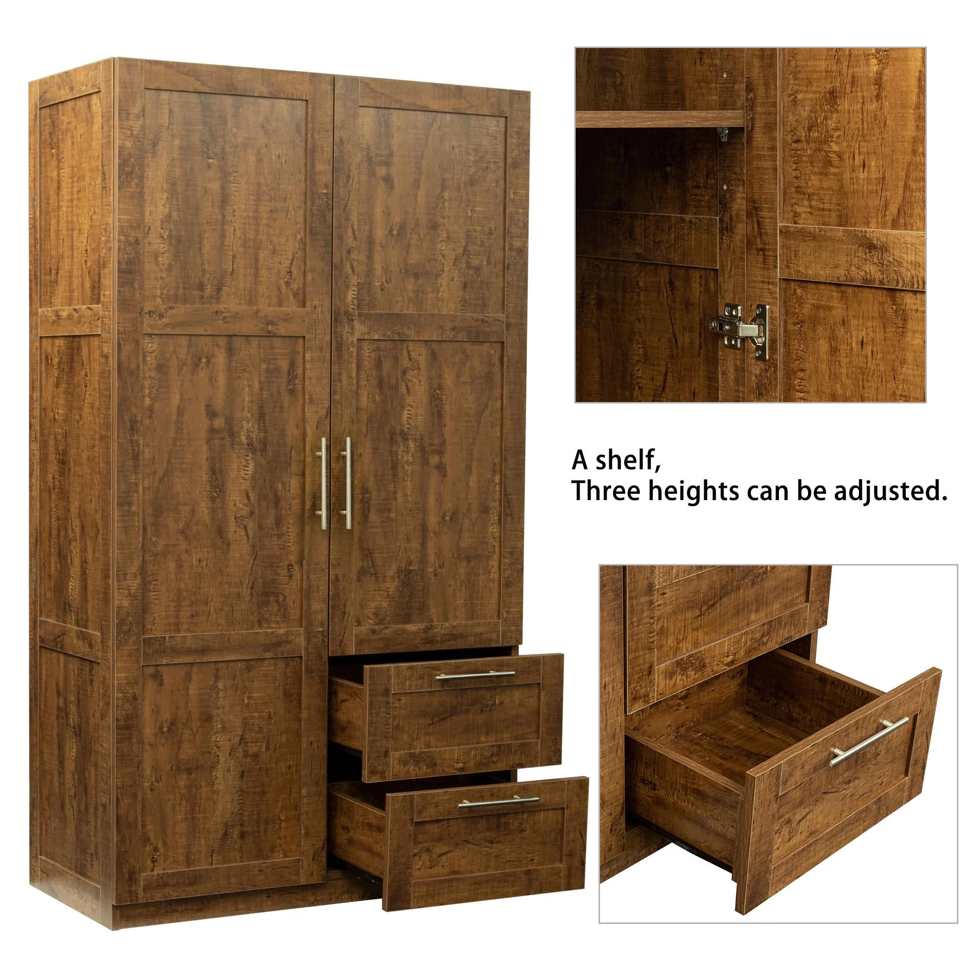 HIUU Double Wardrobe Cabinets,Wood Armoire with Drawers and Shelves for Living Room,Wood Armoire Wardrobe with Hanging Rod,Retro Brown