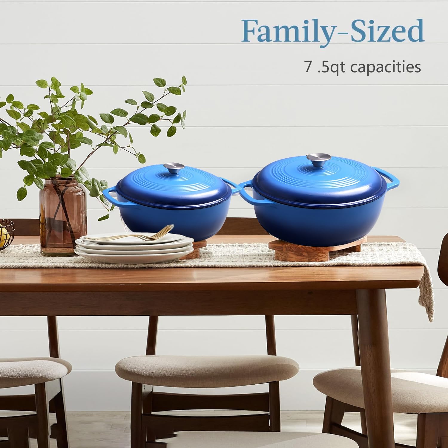 7.5 Quart Enamel Cast-Iron Round Dutch Oven, Family Style Heavy-Duty Pre-Seasoned Cookware for Home, Kitchen, Dining Room, Oven W/Lid, Dual Handles