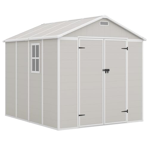 Outdoor Storage Shed, 6x6 FT Resin Shed with Floor and Lockable Door, Window, Vents, Tool Sheds and Outdoor Storage for Bike, Garden Accessories, Tools, Waterproof (Grey & White)