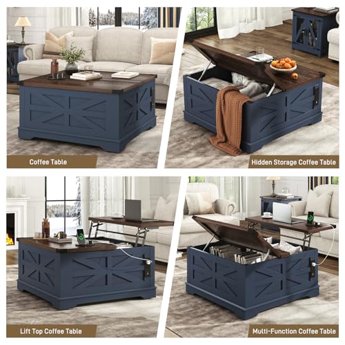 36" Farmhouse Movable Lift Top Coffee Table with Storage and Power Outlets, Square Wood Living Room Tables with Wheels&Large Hidden Space, Lift Wooden Barn Door Center Table, White