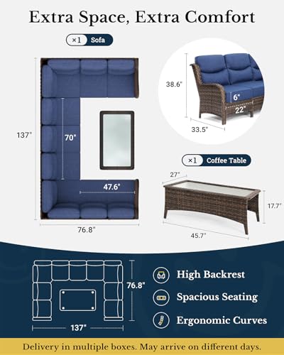 Luxury Patio Furniture Set with 6-inch Thick Cushion, Outdoor Couch and High Back Swivel Rocker Patio Chairs, 7PCS Wicker Conversation Set for Deck, Yard, and Poolside in Blue (V2)