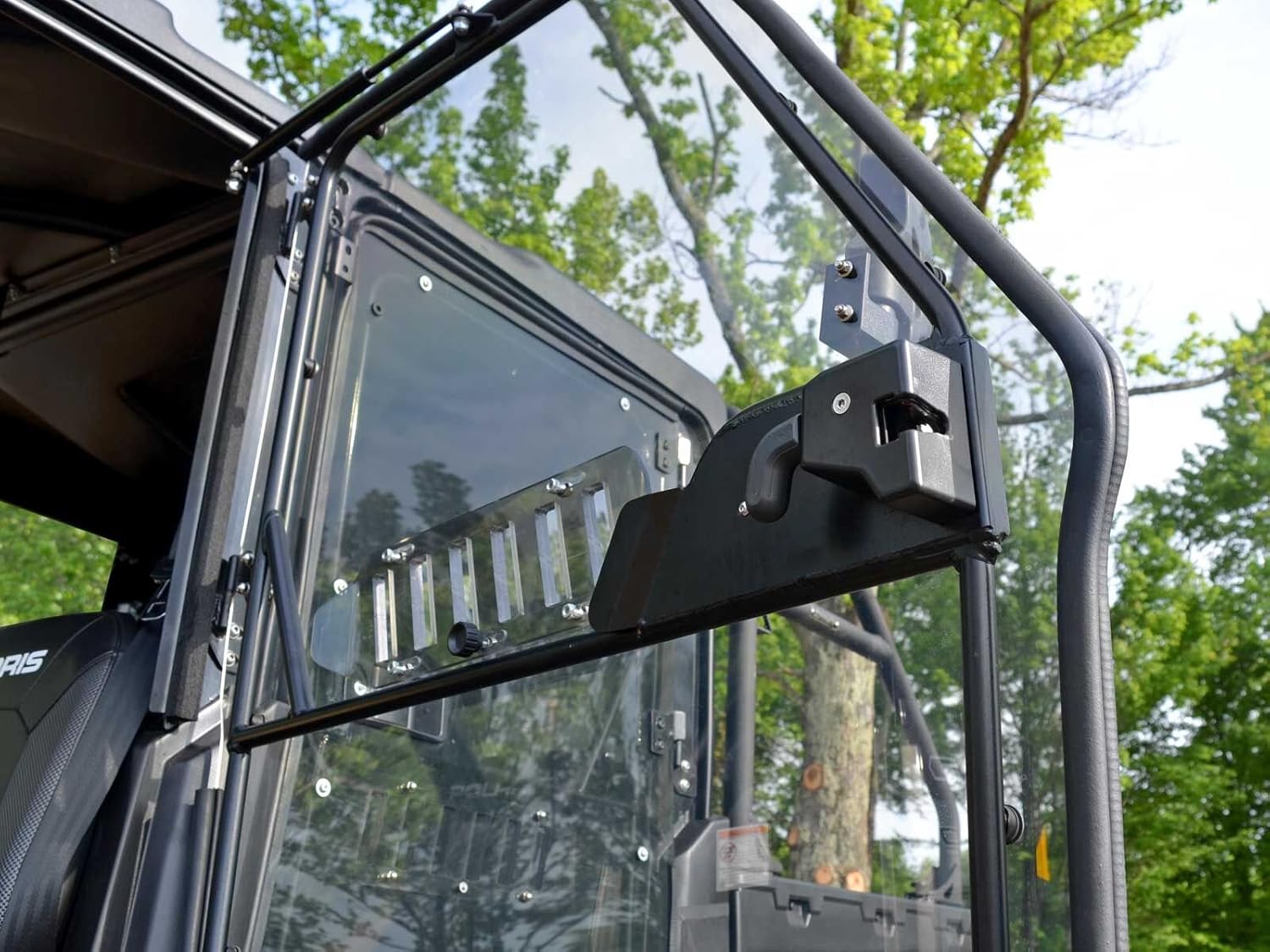 SuperATV Polaris Ranger Cab Enclosure Vented Doors (See Fitment) - Made of Lightly Tinted Scratch-Resistant 1/4 Thick Polycarbonate - Sliding Vents - Includes Bolt-On Side View Mirrors - Made in USA