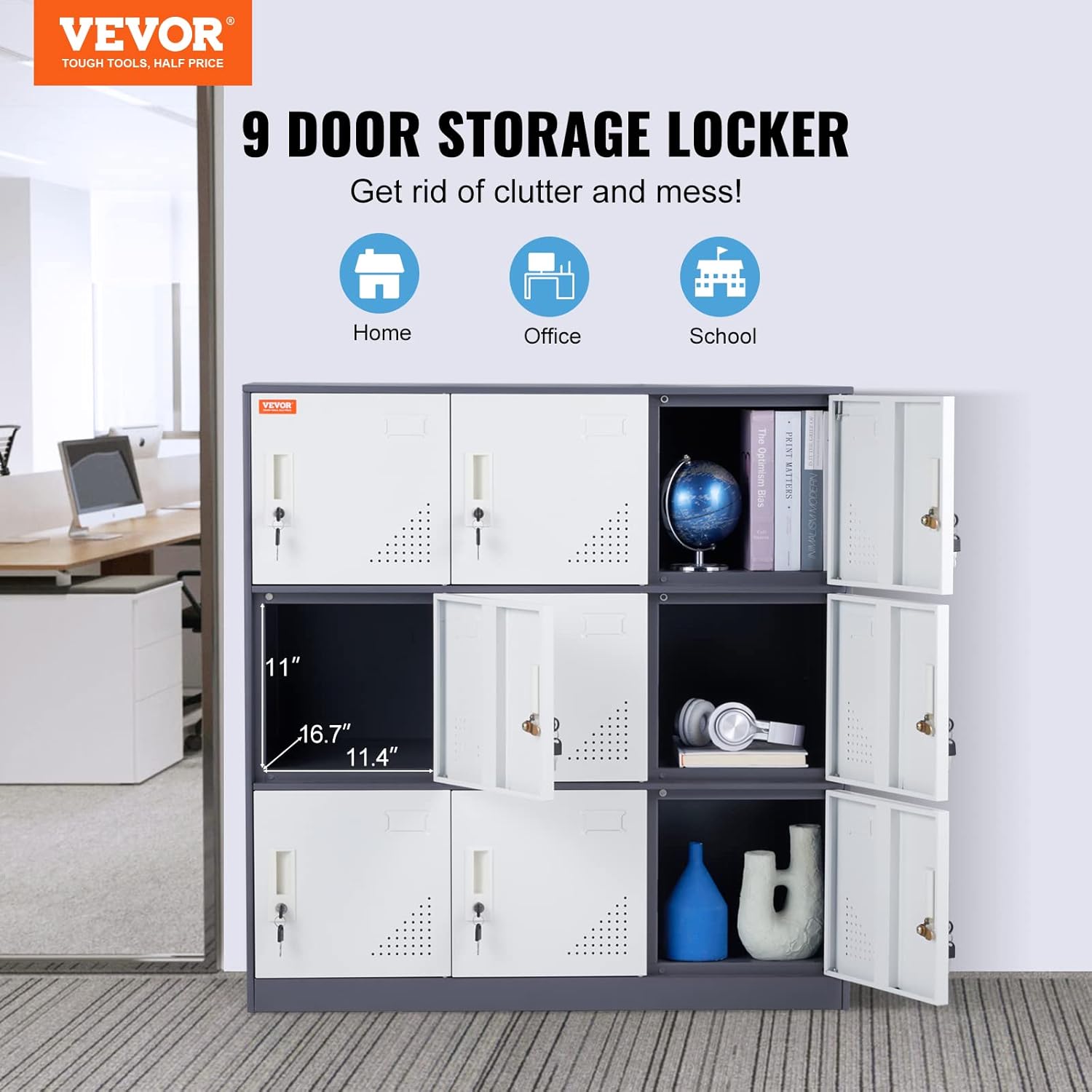 VEVOR Metal Locker for Employees, 9 Doors Storage Cabinet with Card Slot, Gray Steel Employee Lockers with Keys, 66lbs Loading Capacity Office Storage Lockers for Office, Home, School, Gym