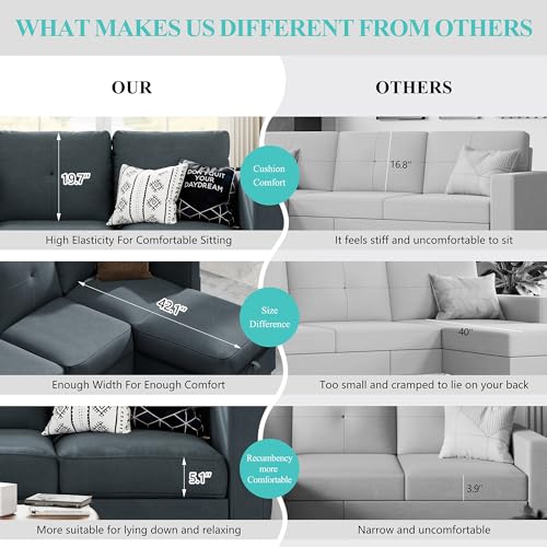 Shintenchi Upholstered Convertible Sectional Sofa for Living Room, 3 Seat L Shaped Couches with Storage Function Ottoman, Modern Linen Convertible Sofas with Reversible Chaise