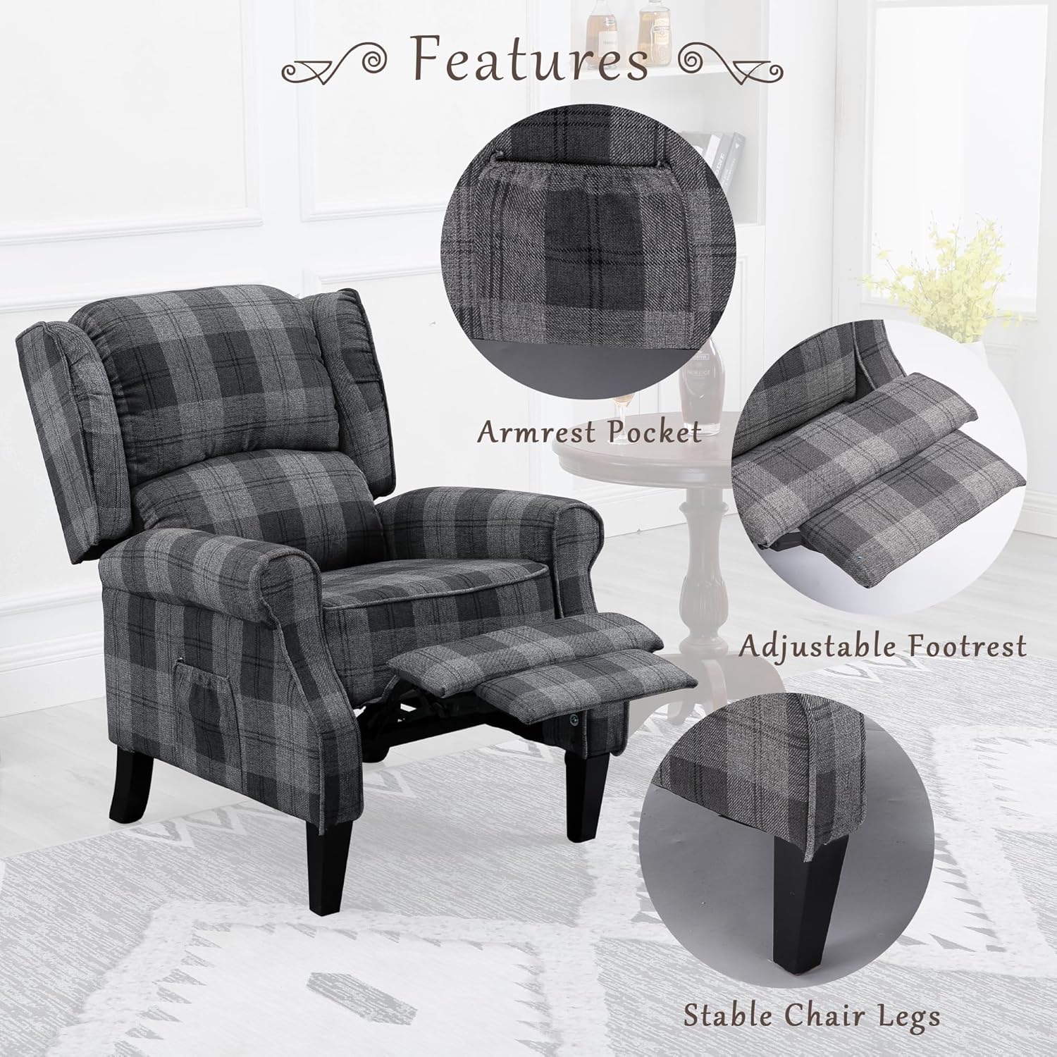 Modern Comfortable Upholstered Leisure Chair Multifunctional Recliner Chair Single Sofa with Footrest Small Recliner Chair for Small Spaces,Grey Check