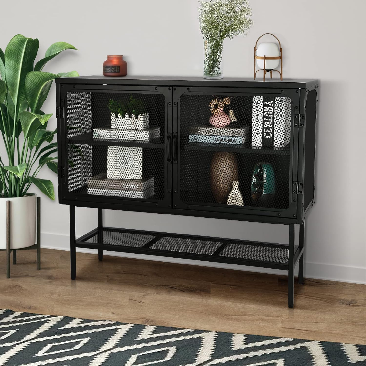 LUMISOL Industrial Cabinet Console Table with 2 Mesh Doors Adjustable Shelf and Feet Bottom Shelf Anti-Tip Dust-Free Kitchen Credenza Sideboard Frosted for Living Room Study Room Office Entryway