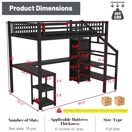 Full Size Loft Bed with Desk and Stairs,Metal Gaming Loft Bed Full with Wardrobe and Shelf, High Loft Bed with LED & USB Charging Station for Teens, Adults, Space Saving Design,Black