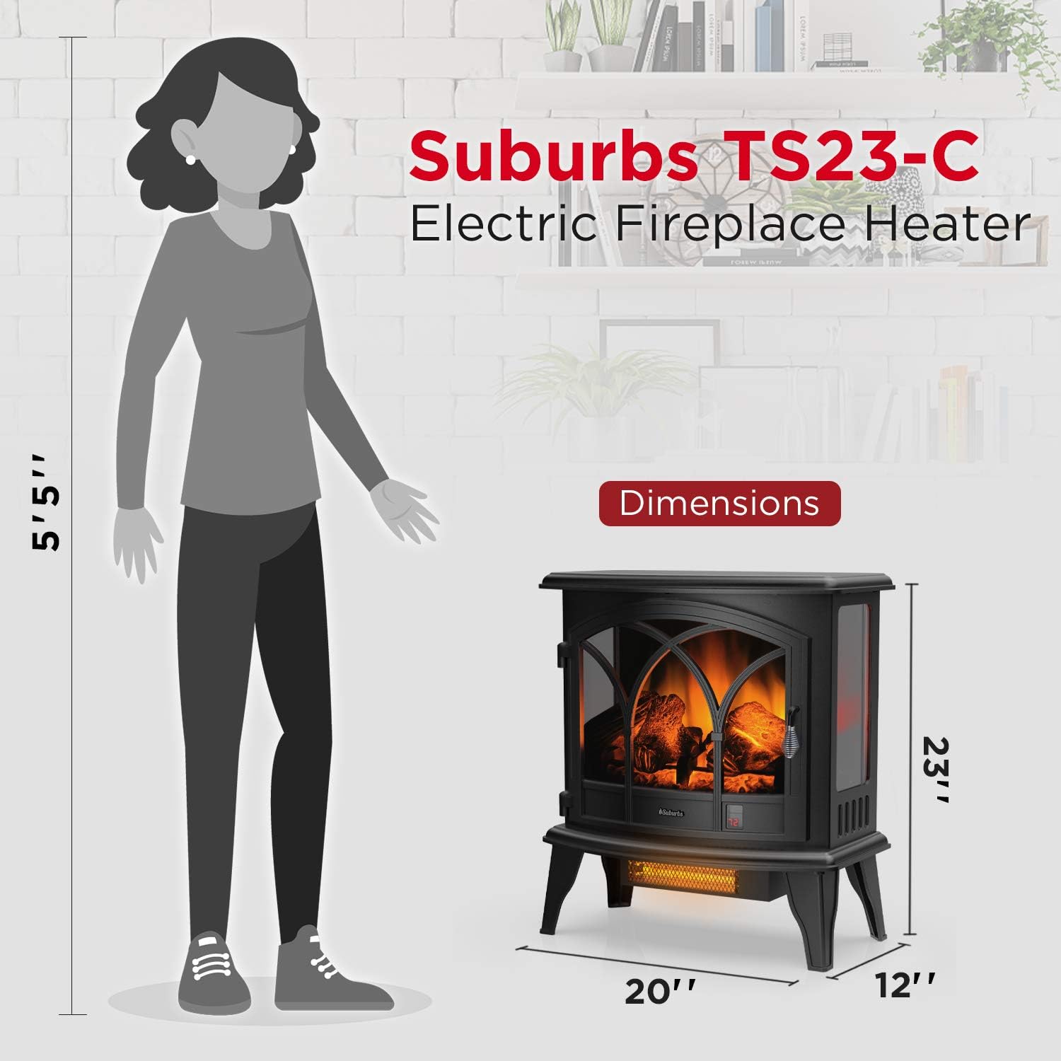 TURBRO Suburbs TS23-C Electric Fireplace Infrared Heater with Curved Door- Freestanding Fireplace Stove with Adjustable Flame Effects, Overheating Protection, Timer, Remote Control - 23" 1400W Black