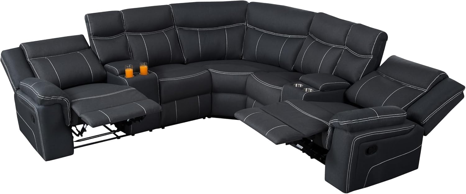 Manual Motion Sectional Sofa Living Room Furniture Sets L-Shaped Corner 5 Seaters Recliner Sofa&Couch Curved Upholstered Couch with 2 Console Storage and 4 Cup Holders for Home Theater, Black