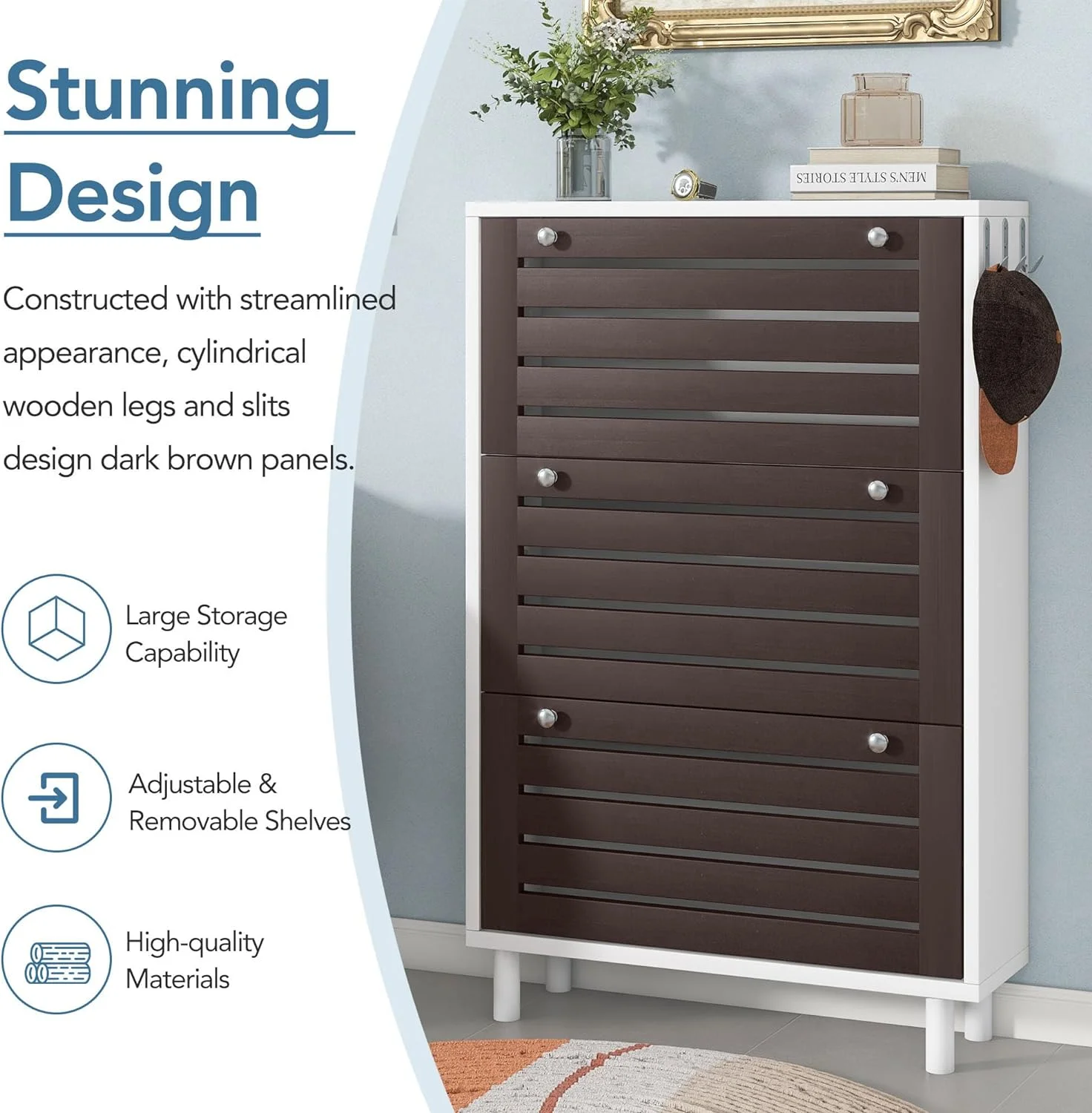 Minimalist Slim Shoe Cabinet with Hanging Hooks, Slits Design Panels Entryway Organizer with 3 Flip Drawers, Free Standing Shoe Rack with Adjustable Panel for Hallway
