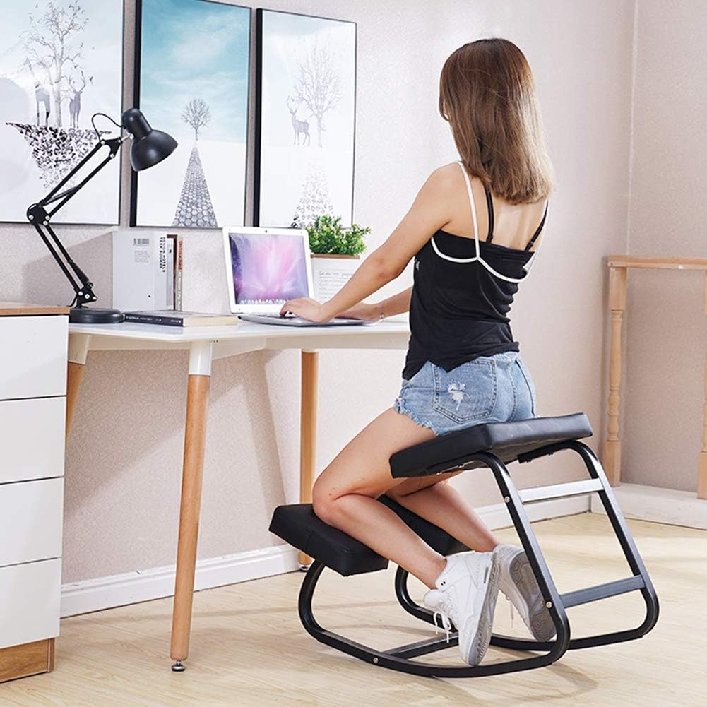 Black Leather Cushioned Rocking Kneeling Chair for Home and Office, Correct Posture Ergonomic Stool, 75 × 45 × 54cm