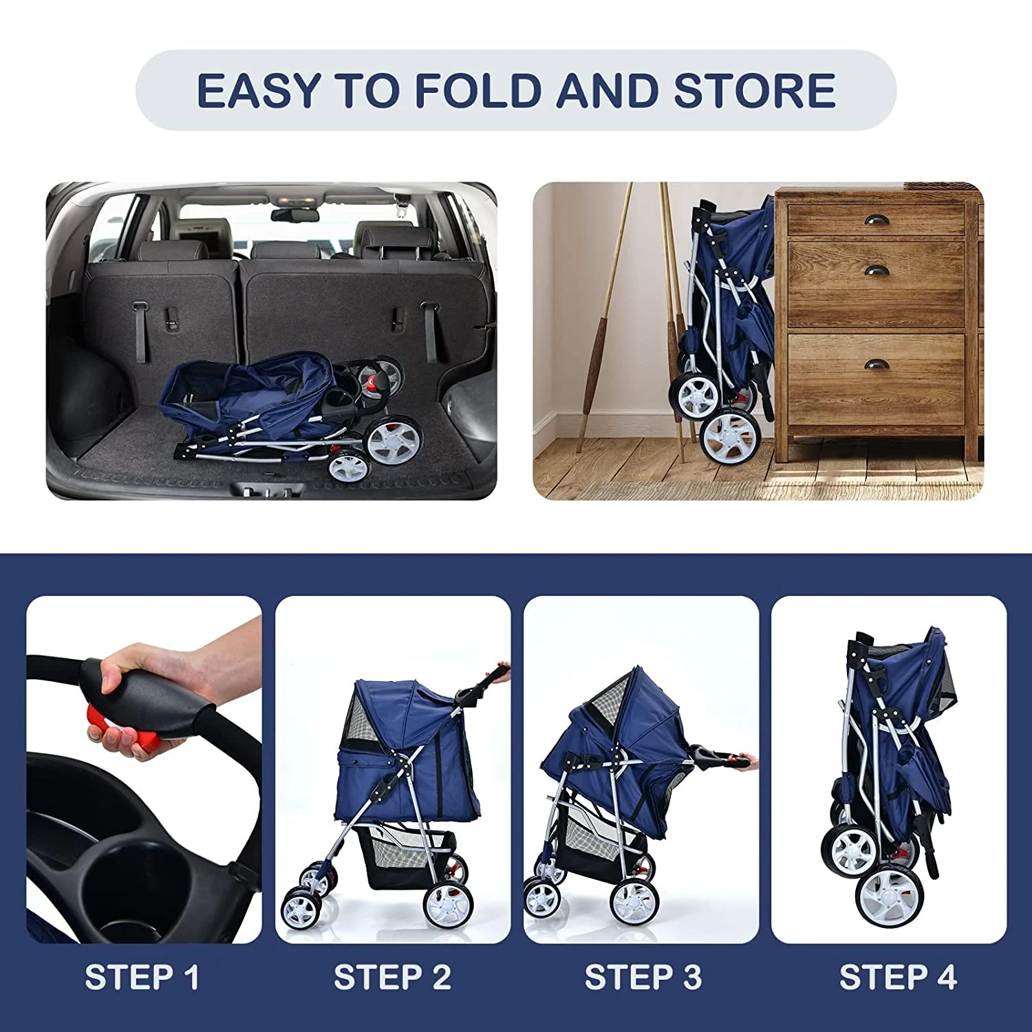 Folding Dog Stroller, Pet Stroller for Small Medium Dogs Cats Puppy, 4 Lockable Wheels Cat Stroller Travel Carrier Strolling Cart with Safety Belt, Removable Liner and Storage Basket (Navy)
