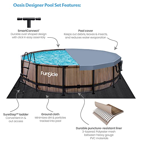 Funsicle 14' x 42" Oasis Designer Round Frame Above Ground Outdoor Swimming Pool Set with SkimmerPlus Filter Pump, Ladder, and Pool Cover, Gray