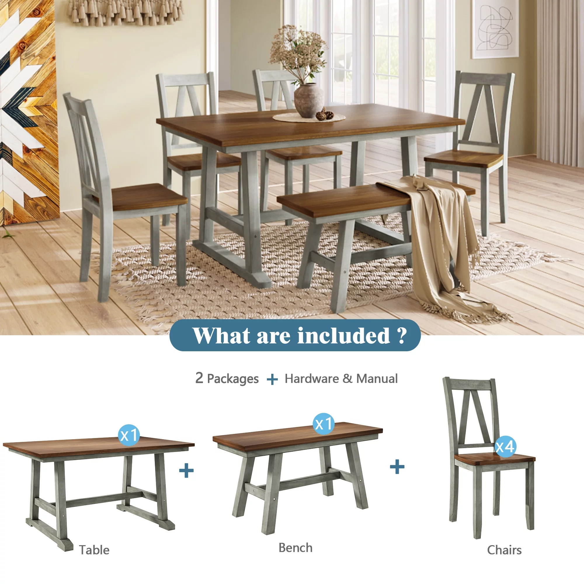 6 Piece Farmhouse Style Solid Wood Dining Room Set with Long Bench and 4 Dining Chairs, Rustic Farmhouse Kitchen Table Set with Bench and 4 Chairs, 36” x 60” Rectangle Table(Walnut+Gray)