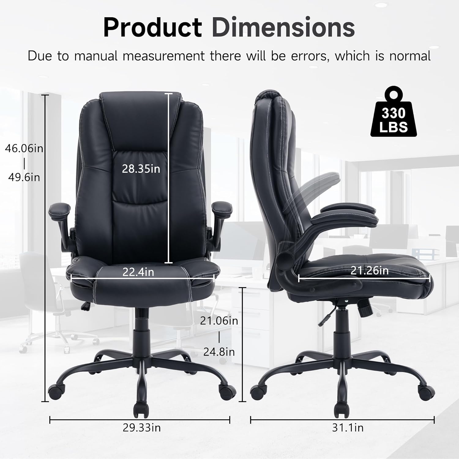 Big and Tall Office Chair,High Back Executive Office Chair with Flip-up Armrest,PU Leather Ergonomic Office Chair with Back Lumbar Support,Swivel Rolling Desk Chair with Wheels(Black)