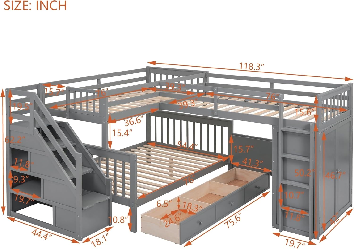 Twin-Twin Over Full L-Shaped Bunk Bed W/3 Drawers Wardrobe Solid Wood W/Portable Desk Ladder Guardrail Grey Modern Contemporary Unisex Nature Space Pine Finish