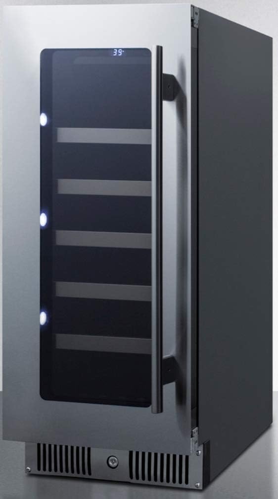 Summit Appliance CL155WCLHD 15" Wide Built-in Wine Cellar for Built-in or Freestanding Use with Left-Hand Door Swing, Seamless Stainless Steel Trimmed Glass Door, LED Lighting, Lock and Black Cabinet