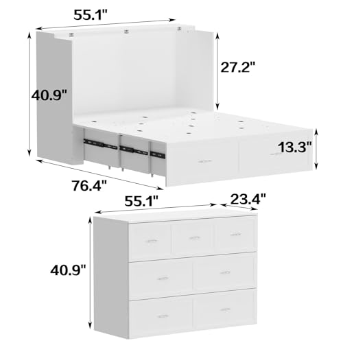MOUMON Queen Size Murphy Bed with Charging Station, Murphy Bed Cabinet with 1 Drawer, Murphy Bed Queen Murphy Bed Chest with Black Handles, for Office Bedroom White (81.5”W x 61.8”D x 40.9”H)