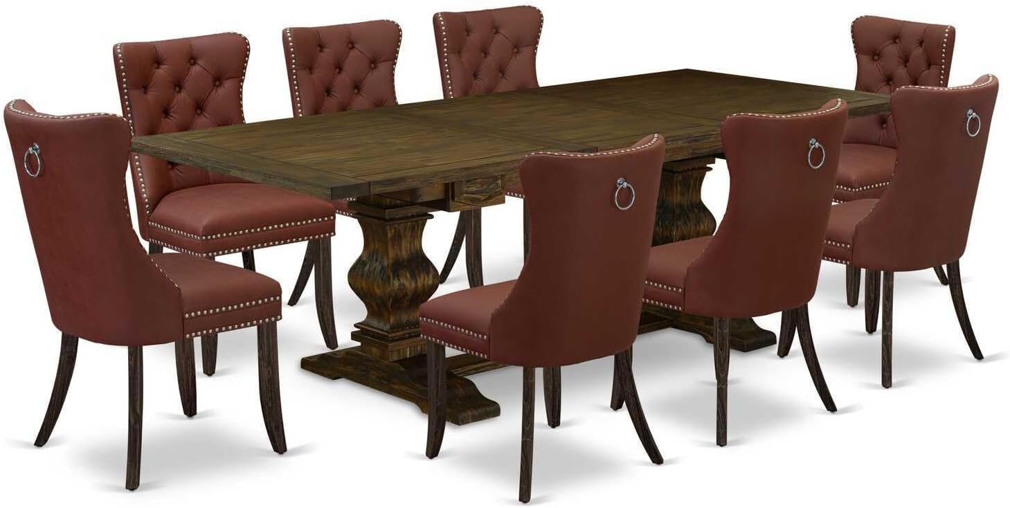 9 Piece Dining Set Includes A Rectangle Kitchen Table with Coastal Charm Leaf and 8 Chairs, Distressed Jacobean