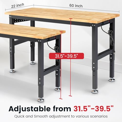 Workbench for Garage 48 Inch Work Bench Table Adjustable Height Rubberwood Tabletop Work Table with Power Outlets for Woodworking Shop Home Office Electronic Cutting Wood