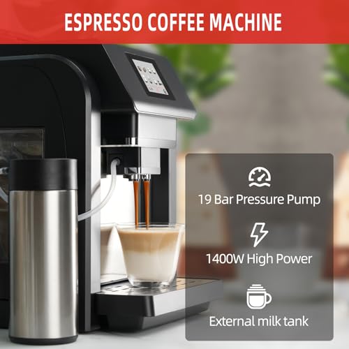 Mcilpoog ES317 Fully Automatic Espresso Machine，Milk Frother,Built-in Grinder，Intuitive Touch Display ，7 Coffee Varieties for Home, Office,and more