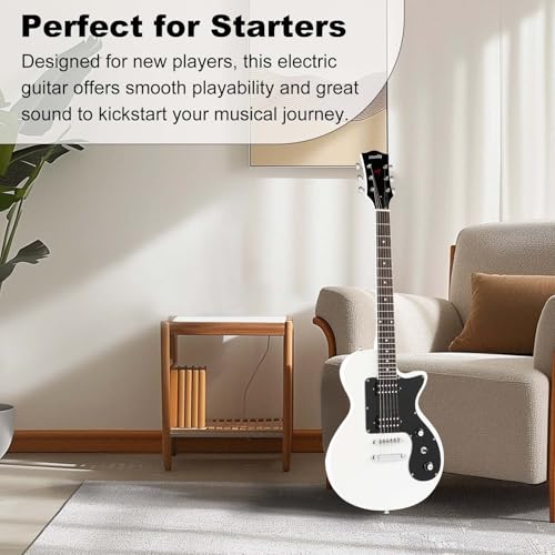 MLP-1 39 Inch Electric Guitar Kit, Beginner LP Full Size Solid Body Electric Guitar With HH Pickups, Gig Bag, Amplifier, Strap, Cable, Picks, String (White)