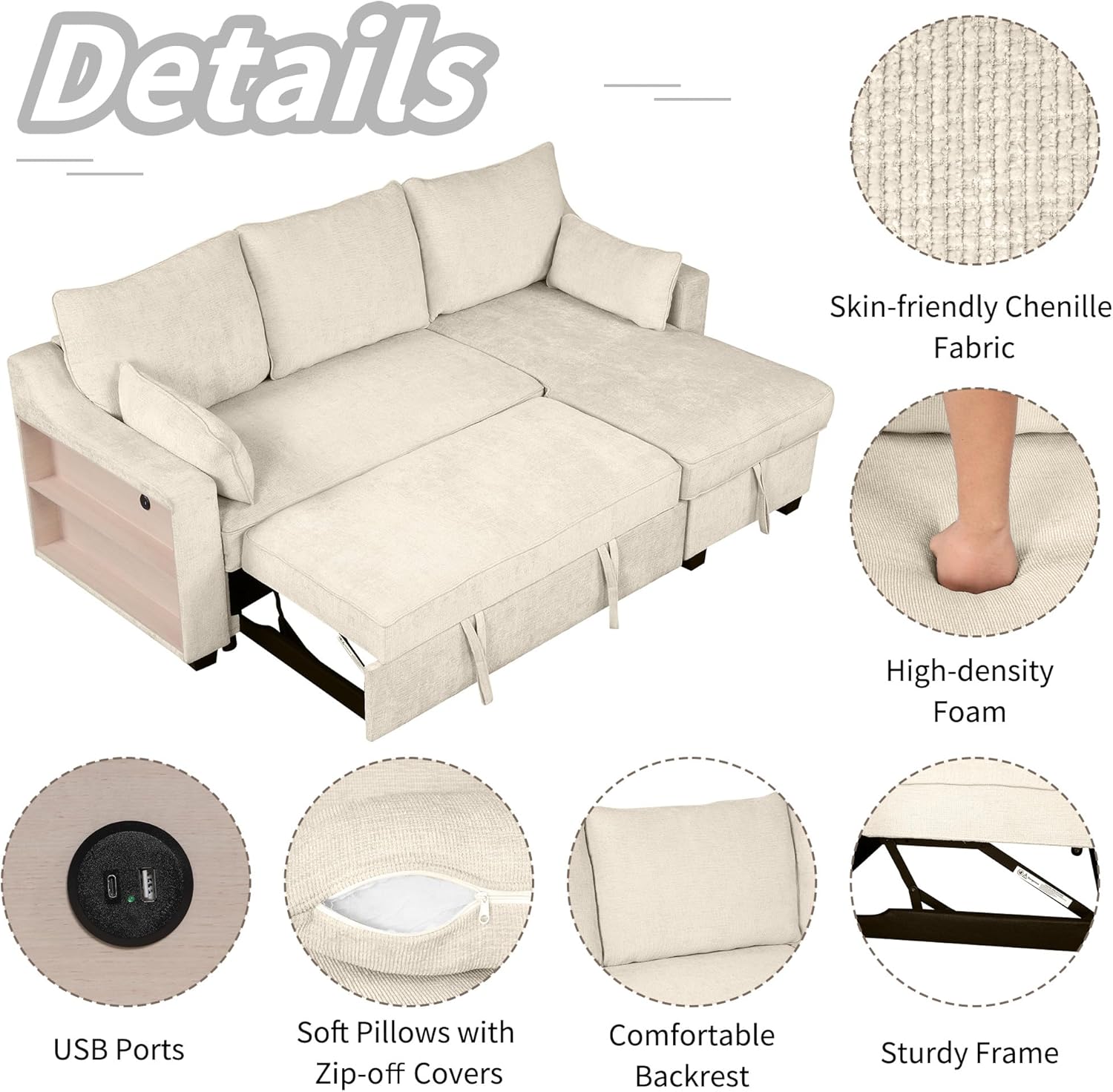 FANYE L-Shape Reversible Sleeper Sectional Couch Pull Out Sofa Bed w/Storage Chaise,Racks and USB Ports,Modern Linen Tufted Upholstered Convertible Sofabed with 2 Pillows for Living Room
