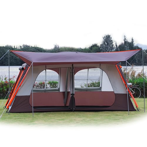 KTT Extra Large Tent 10-12-14 Person(Style-B),Family Cabin Tents,2 Rooms,3 Doors and 3 Windows with Mesh,Straight Wall,Waterproof,Double Layer,Big Tent for Outdoor,Picnic,Camping,Family Gathering