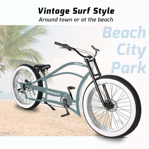 Tracer Siena Stretch Beach Cruiser Bike for Adults,Chopper Style with 1/3/7 Speed, Alloy Fat Rims and Fat Tires.