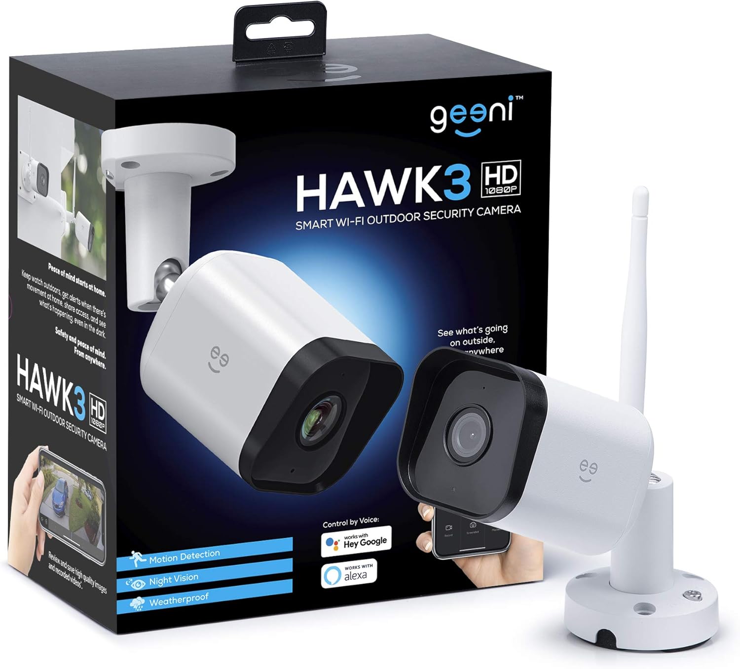 Geeni HD Hawk 3 1080p Outdoor Security Camera, IP66 Weatherproof WiFi Surveillance with Night Vision and Motion Detection, Compatible with Alexa and Google Assistant, No Hub Required, 2 Pack
