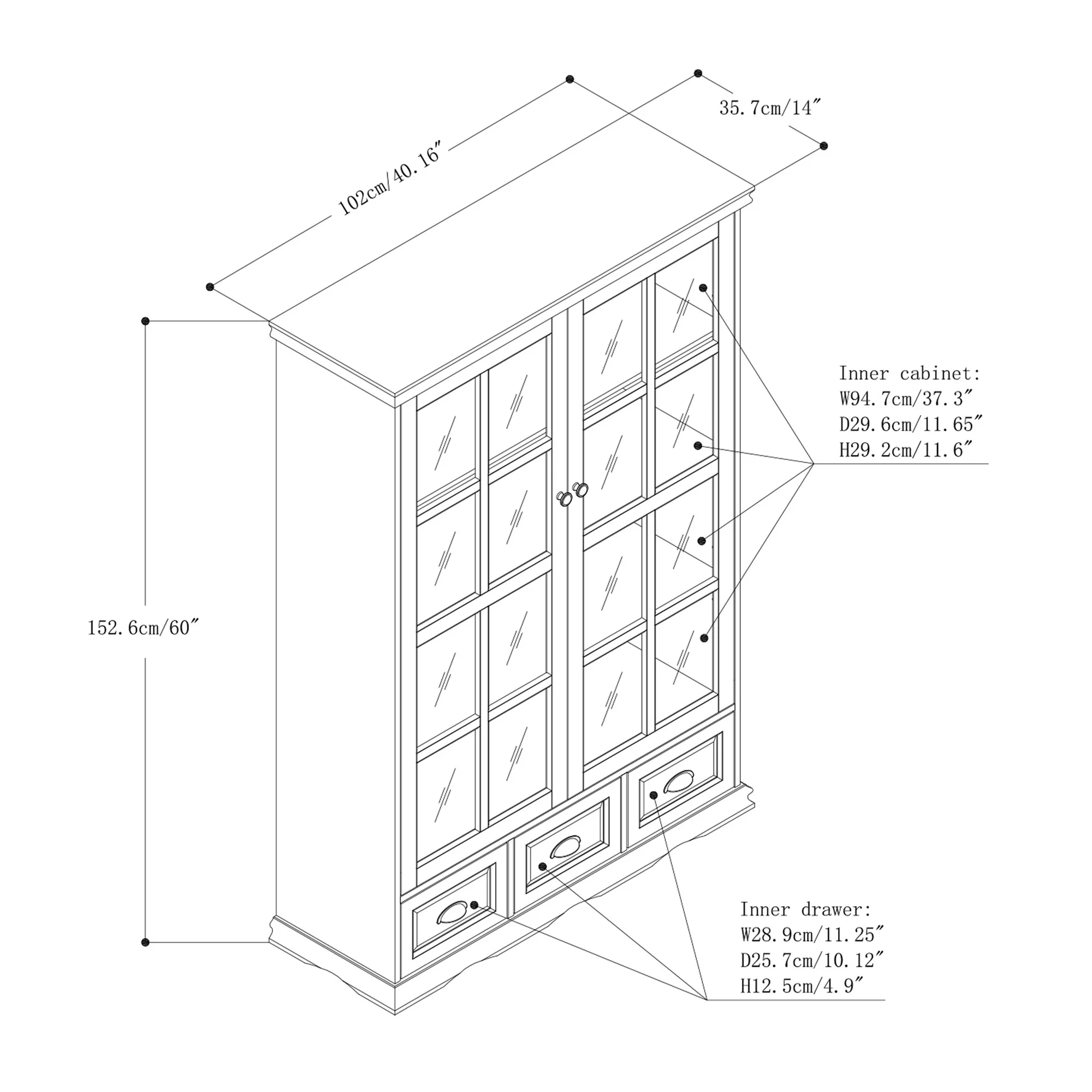 Storage Cabinet with Tempered Glass Doors Curio Cabinet with Adjustable Shelf Display Cabinet with Triple Drawers, White